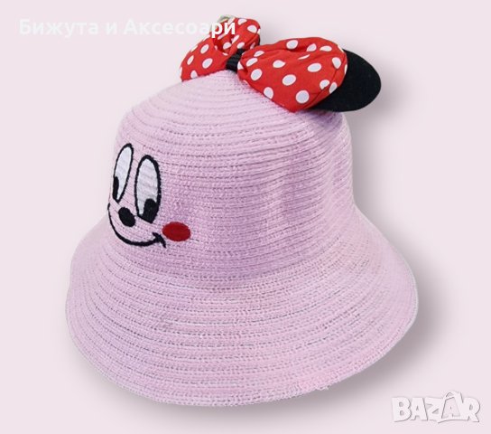 Детска лятна розова шапка за момиче с панделка маус, снимка 2 - Шапки - 41365770