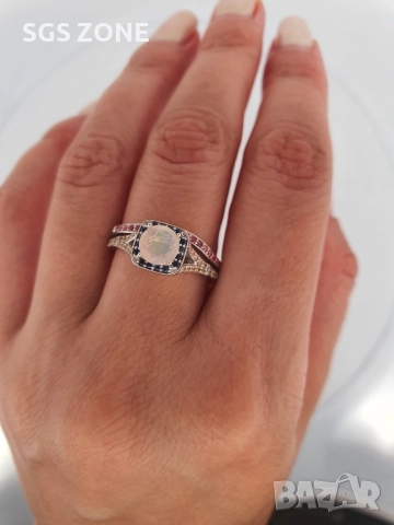 Двойни сребърни пръстени с опал и разпръснати сапфири, снимка 3 - Колиета, медальони, синджири - 52401232