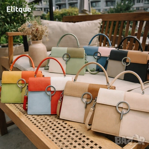 Многоцветна дамска чанта с метална тока и дълга дръжка, снимка 5 - Чанти - 53424822