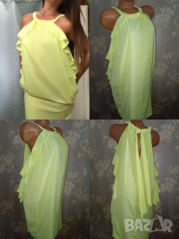 Н&М- М- Ефектна неонова рокля с голи рамене и волани, снимка 1