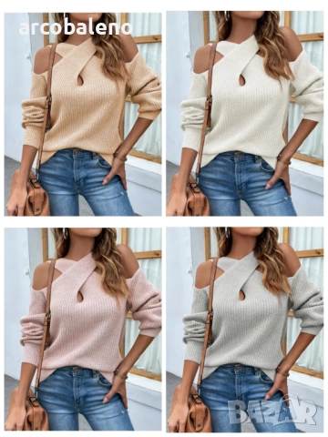 Дамски едноцветен пуловер с голи рамена, 4цвята 