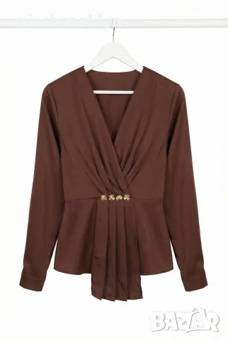 Блуза “Chocolate Elegance” – кафява блуза с прехлупване и златни копчета арт.5074, снимка 4 - Блузи с дълъг ръкав и пуловери - 55823090