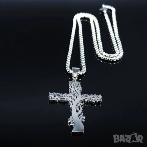 Дамско колие с висулка „Дървото на живота във форма на кръст“ – сребристо, от неръждаема стомана, снимка 3 - Колиета, медальони, синджири - 50292822