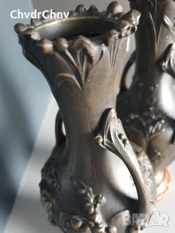 Франция 1800-те/2бр фигурални вази 32см-4кг/стари френски пиедестални вази с дръжки/ЦАМ-мрамор, снимка 4 - Антикварни и старинни предмети - 52956687