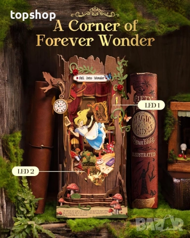 Чисто нов запечатан Rolife Book Nook - Falling into Wonder - Чисто нов 3D дървен пъзел с LED ​..., снимка 2 - Конструктори - 53357519