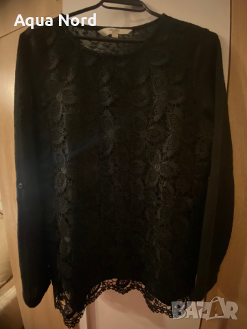 Черна дантелена блуза Л, снимка 2 - Блузи с дълъг ръкав и пуловери - 44827736