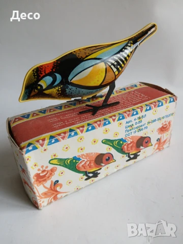 Стара руска механична ламаринена играчка птиче-Щиглец.