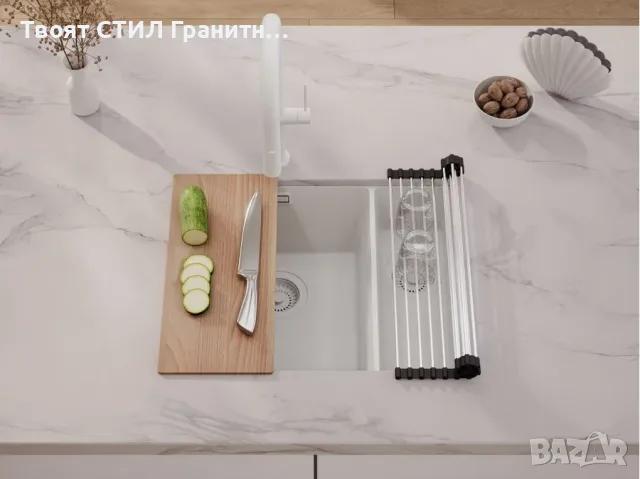 Гранитна Мивка за Вграждане под Плот Лондон 60 Duo 550 x 450  бяла, снимка 2 - Други - 37574369