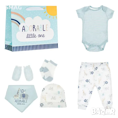 Бебешки подаръчен комплект за новородено Памук Бели сини животни на райета - 8 бр. S_1233382, снимка 2 - Комплекти за бебе - 49897150