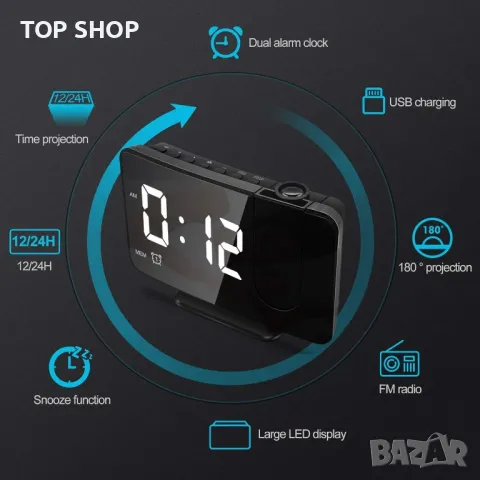 Прожекционен будилник Anykuu с FM радио Snooze Двоен звънец USB порт 3 нива на яркост LED дисплей, снимка 2 - Друга електроника - 48544883