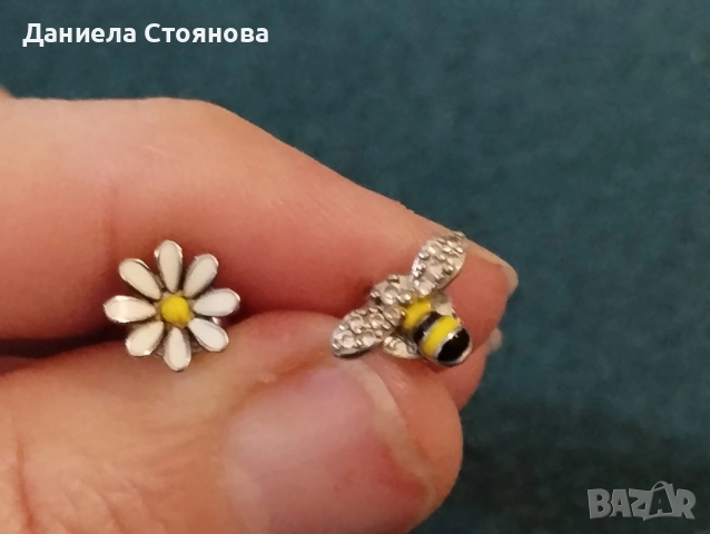 Сребърни обеци пчела и цвете