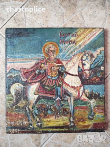 Ръчно рисувана авторска икона "Свети Мина" на кон (2001 г.)