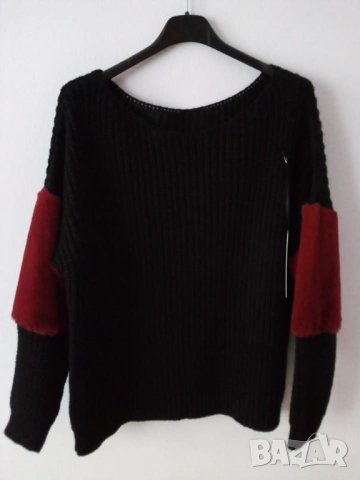 Пуловер със естествен пух на ръкава в черно и зелено - ( М, Л и ХЛ), снимка 6 - Блузи с дълъг ръкав и пуловери - 26613300