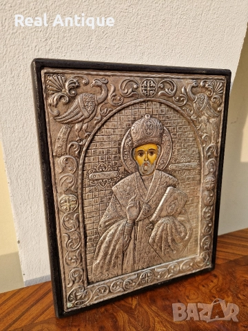 Прекрасна антикварна сребърна икона Свети Никола сертификат , снимка 4 - Антикварни и старинни предмети - 52648422