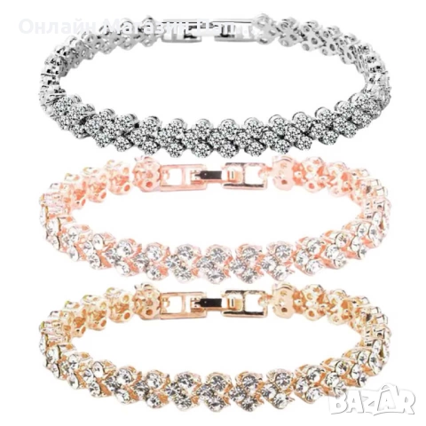 Елегантна гривна с кубичен цирконий – сребрист, златист и розово златисти цветове, 16.5 см