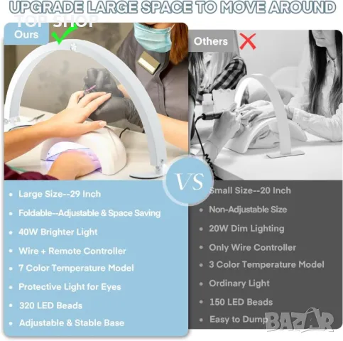 Lmaqfum Half Moon лампа за маникюр за нокти, татуировки, мигли ,LED 74 см 40W, с дистанционно, снимка 6 - Настолни лампи - 49731166