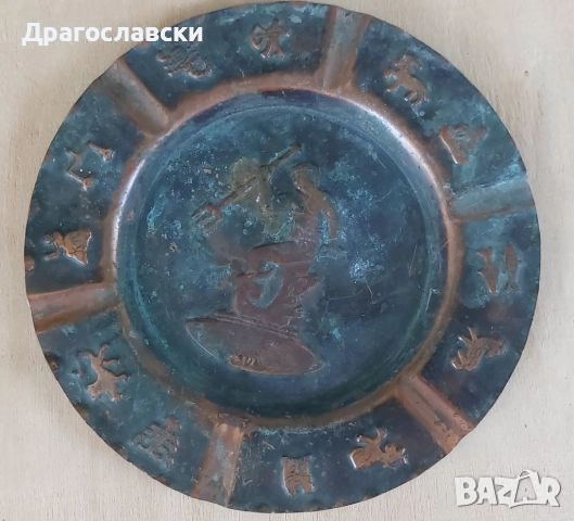 35см стара Дървена  чиния -пано - поднос,  дърворезба, черпак, голяма чиния, зодия, снимка 11 - Декорация за дома - 31174809