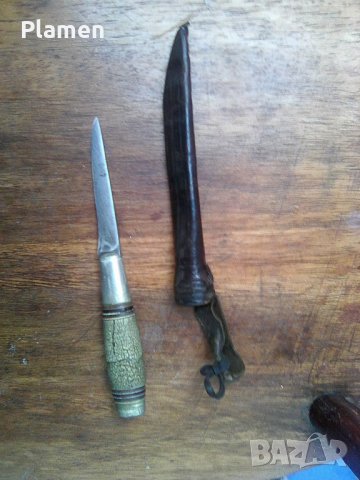 Стар метален нож кама посребрен и костени ченели и кания от естественна кожа, снимка 2 - Ножове - 39185792