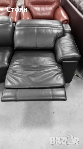 Черен кожен извит диван тройка с електрически релакс механизъм, снимка 5 - Дивани и мека мебел - 40284596