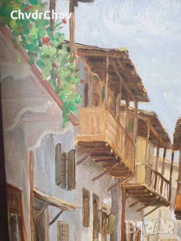 Kazakos 82х67см Казакос/голяма стара гръцка картина масло върху платно/възрожденски къщи/дърворезба, снимка 6 - Картини - 51404425