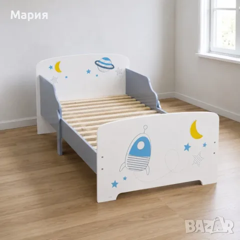 Детско легло Космос 140x70 см с ламелна основа – Бяло легло с пленети, звезди и ракета, снимка 3 - Мебели за детската стая - 55706949