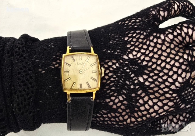 Винтидж съветски часовник LUCH - позлатен AU 10+ - произведен в СССР - нова черна каишка Винтидж 
