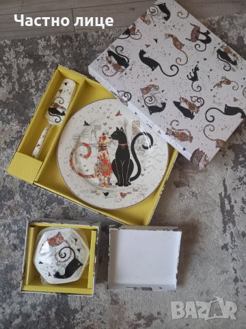 Порцеланов комплект с котки + подарък , снимка 2 - Чинии - 41143439