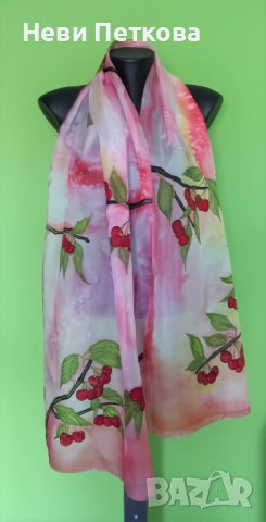 Рисуван шал ЧЕРЕШКИ, снимка 4 - Шалове - 40592652