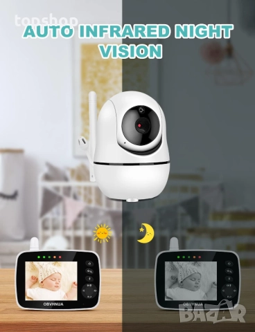 ЧИСТО НОВ PTZ бебефон OBVHNUA 3.5-инча 300 метра обхват, без WIFI с въртене 355°/120°, Еко режим ..., снимка 6 - Бебефони - 52383420
