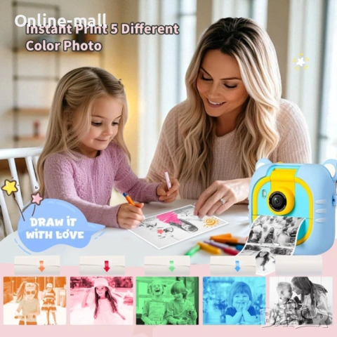 Детска камера с принтер и 180° въртящ се обектив – Образователна камера за деца с игри, 32GB карта и, снимка 5 - Фотоапарати - 53244132