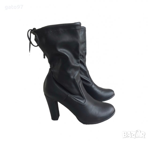 Черни кожени боти на ток, снимка 1