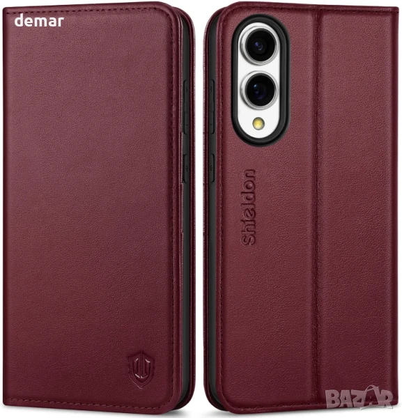 SHIELDON Кейс за Galaxy S25 Edge 5G 6.7", магнитен портфейл от естествена кожа със стойка,RFID-бордо, снимка 1