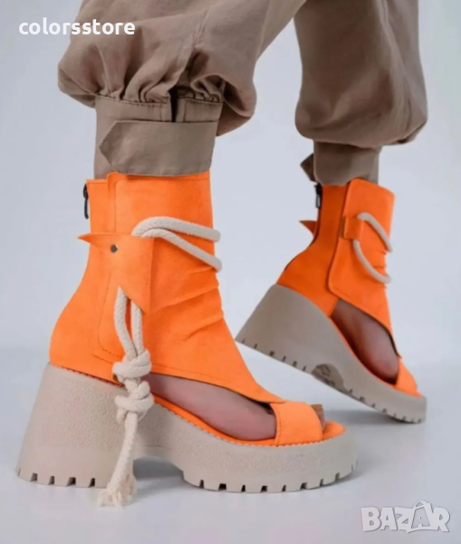 Летни боти на платформа - оранжев велур - LB44, снимка 1