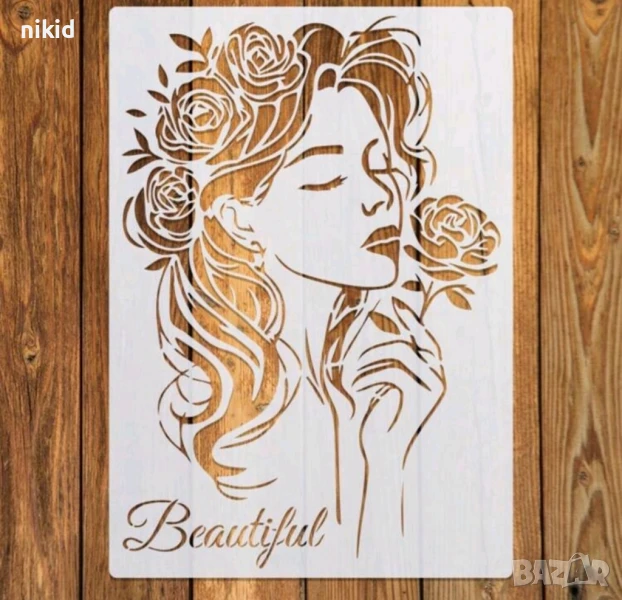 Момиче с роза жена Beautiful шаблон стенсил спрей за торта украса стена scrapbooking, снимка 1