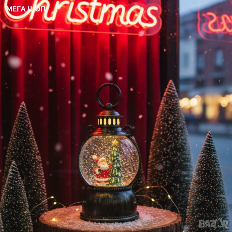 Голям LED коледен фенер с ефект на падащ сняг – приказна светлина и празнична магия, снимка 1