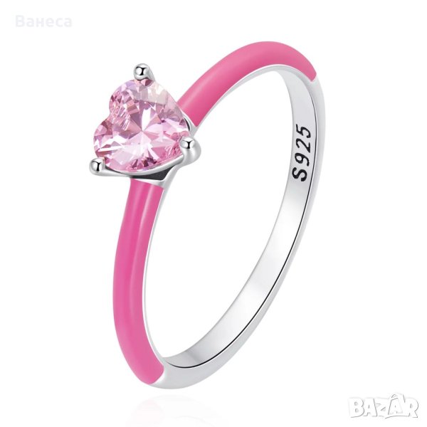 Сребърен пръстен Pink Crystal Heart, снимка 1