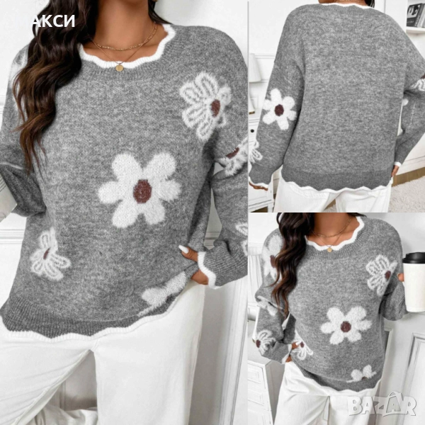 Макси красива еластична мека зимна блуза с ефектни елементи в светло сиво и бяло - 100 % акрил, изкл, снимка 1