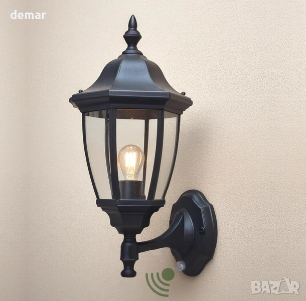 EBION PIR Външна стенна лампа тип фенер със сензор за движение, основа Е27, без крушка, снимка 1