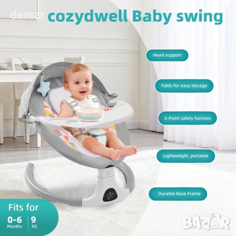 Електрически бебешки люлеещ се стол с Bluetooth, 5 скорости, сив, снимка 7 - Други - 53634105