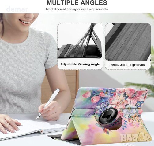 Въртящ се калъф за iPad 9,7 инча 2018 2017 с автоматично събуждане при заспиване (розови колибри), снимка 5 - Калъфи, кейсове - 44411310