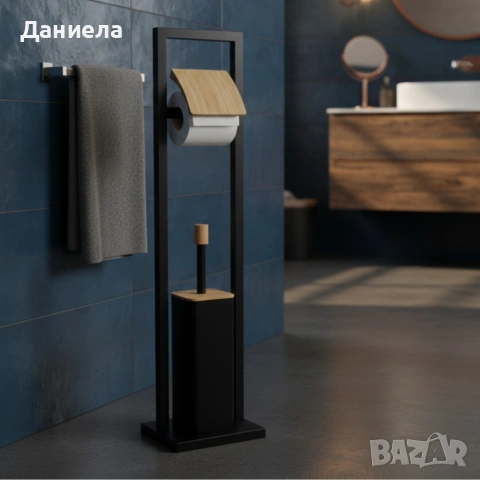 Стойка 2в1 Cheffinger за баня с тоалетна четка и държач за тоалетна хартия – метал и дърво