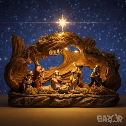 Коледна сцена „Рождество Христово“ – готов комплект с ясли, фигурки и естествен дизайн, снимка 4 - Други стоки за дома - 52069237