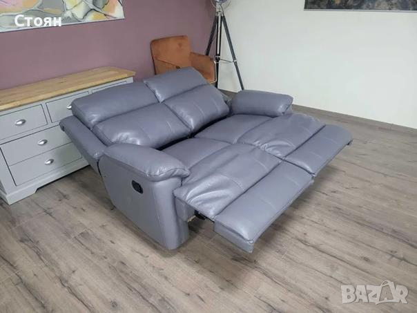Сиво-лилав кожен диван двойка с ръчен релаксиращ механизъм, снимка 11 - Дивани и мека мебел - 44701782