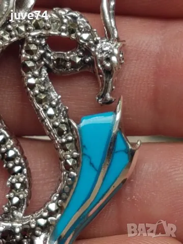 СРЕБЪРНА ВИСУЛКА-ДРАКОН С ТЮРКОАЗ И МАРКАЗИТИ, снимка 2 - Колиета, медальони, синджири - 50231334