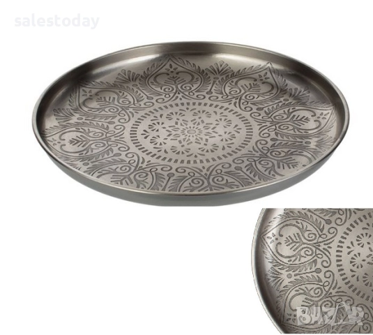 Декоративен метален поднос, сребриста табла за сервиране,  Ø30 см., снимка 2 - Отоплителни печки - 42351827