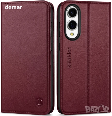 SHIELDON Кейс за Galaxy S25 Edge 5G 6.7", магнитен портфейл от естествена кожа със стойка,RFID-бордо