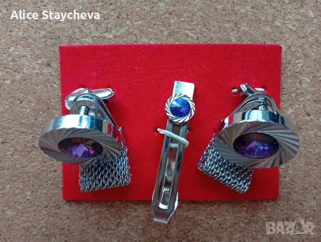 Мъжки ръкавели и щипка за вратовръзка, сребристи, снимка 2 - Други - 51601112