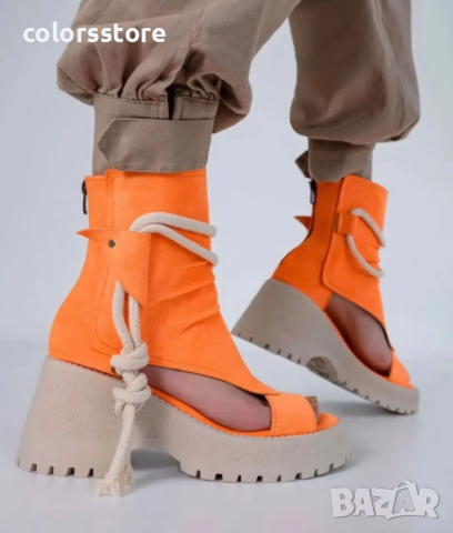 Летни боти на платформа - оранжев велур - LB44