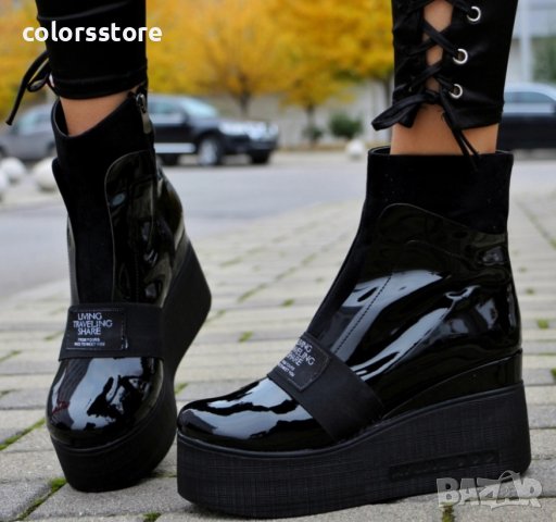 Боти на платформа - черен лак - K135, снимка 2 - Дамски боти - 38057641