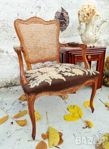 кресло в стил Луи 15 с гобленова тапицерия и ратанов гръб , снимка 2 - Столове - 53165521